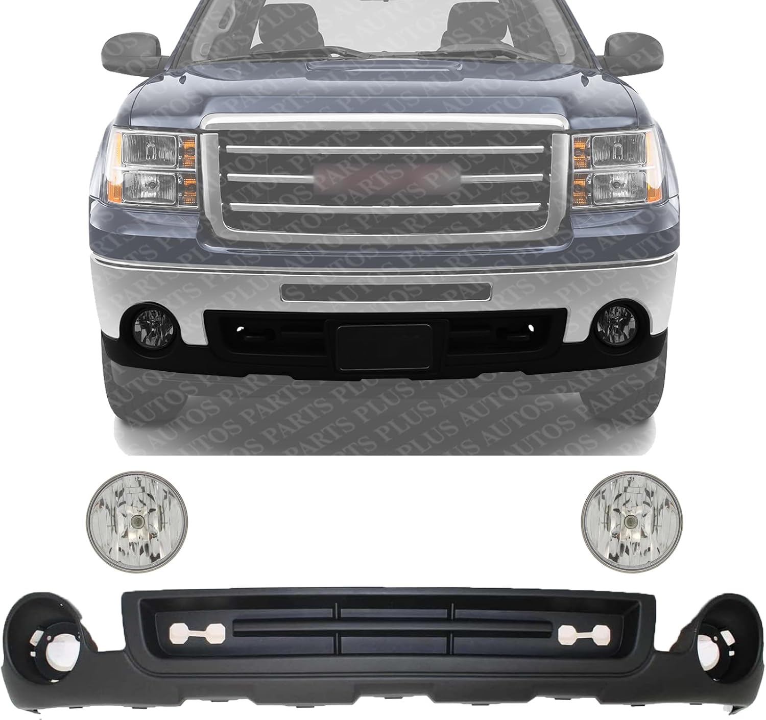 Front Bumper Lower Valance Air Deflector Textured + Fog Lamps Assembly Left Driver & Right Passenger Side Direct Replacement Compatible With 2007-2013 GMC Sierra 1500 GM1015100