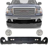 Front Bumper Lower Valance Air Deflector Textured + Fog Lamps Assembly Left Driver & Right Passenger Side Direct Replacement Compatible With 2007-2013 GMC Sierra 1500 GM1015100