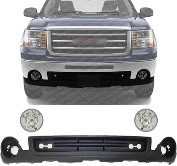 Front Bumper Lower Valance Air Deflector Textured + Fog Lamps Assembly Left Driver & Right Passenger Side Direct Replacement Compatible With 2007-2013 GMC Sierra 1500 GM1015100