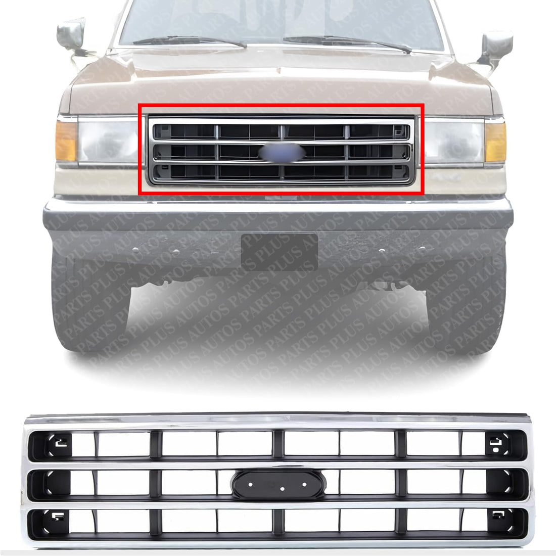 AUTOS PARTS PLUS Front Grille Chrome Shell With Primed Dark Argent Insert Direct Replacement Compatible With Ford F-Series 1989-1991 FO1200141 E9TZ8200A