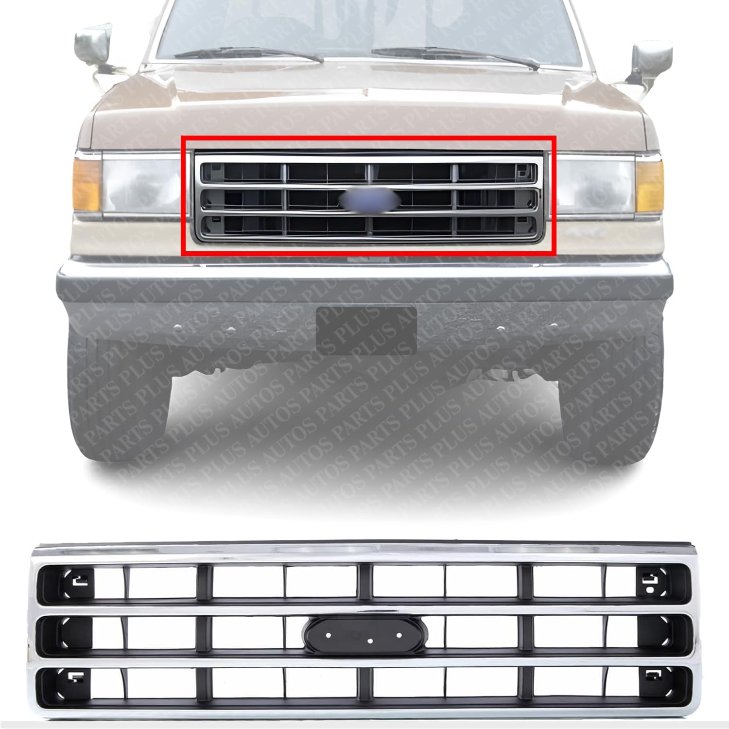 AUTOS PARTS PLUS Front Grille Chrome Shell With Primed Dark Argent Insert Direct Replacement Compatible With Ford F-Series 1989-1991 FO1200141 E9TZ8200A
