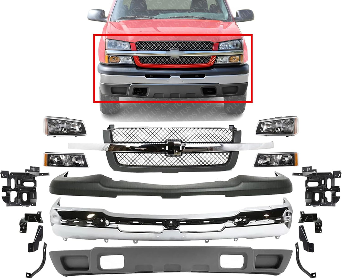 Front Bumper + Upper Cover Textured + Lower Valance + Grille + Brackets + Headlight + Signal Lamp Left & Right Side Direct Replacement Compatible With 2003-06 Chevrolet Silverado 1500