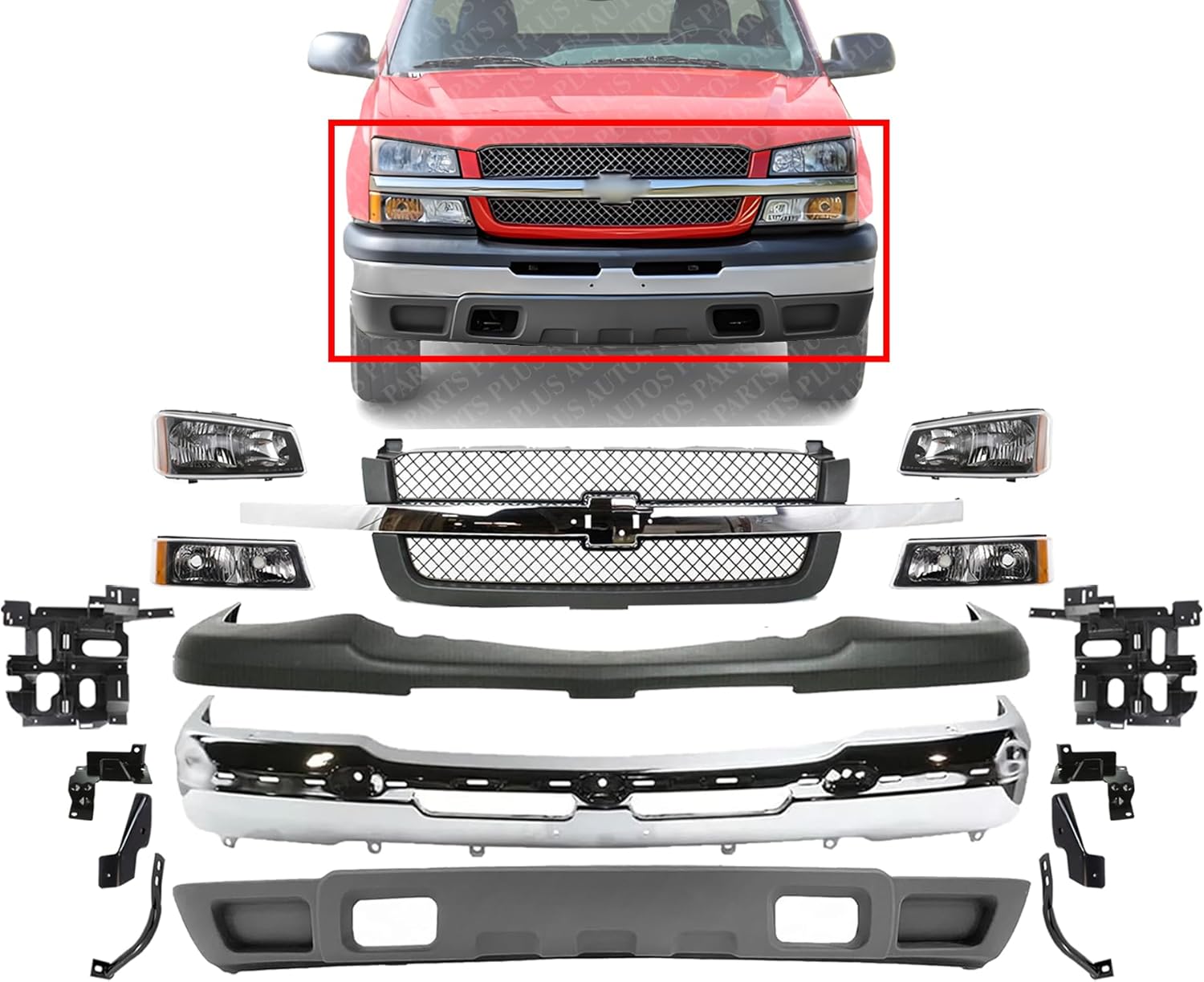 Front Bumper + Upper Cover Textured + Lower Valance + Grille + Brackets + Headlight + Signal Lamp Left & Right Side Direct Replacement Compatible With 2003-06 Chevrolet Silverado 1500