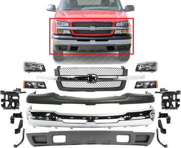 Front Bumper + Upper Cover Textured + Lower Valance + Grille + Brackets + Headlight + Signal Lamp Left & Right Side Direct Replacement Compatible With 2003-06 Chevrolet Silverado 1500