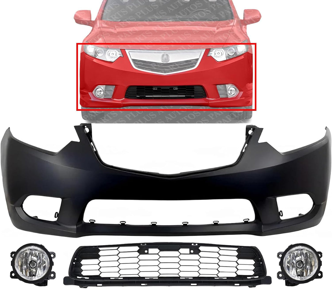 Front Bumper Cover Primed Plastic + Lower Grille + Fog Light Left Driver & Right Passenger Side Direct Replacement Compatible With 2011-2014 Acura TSX