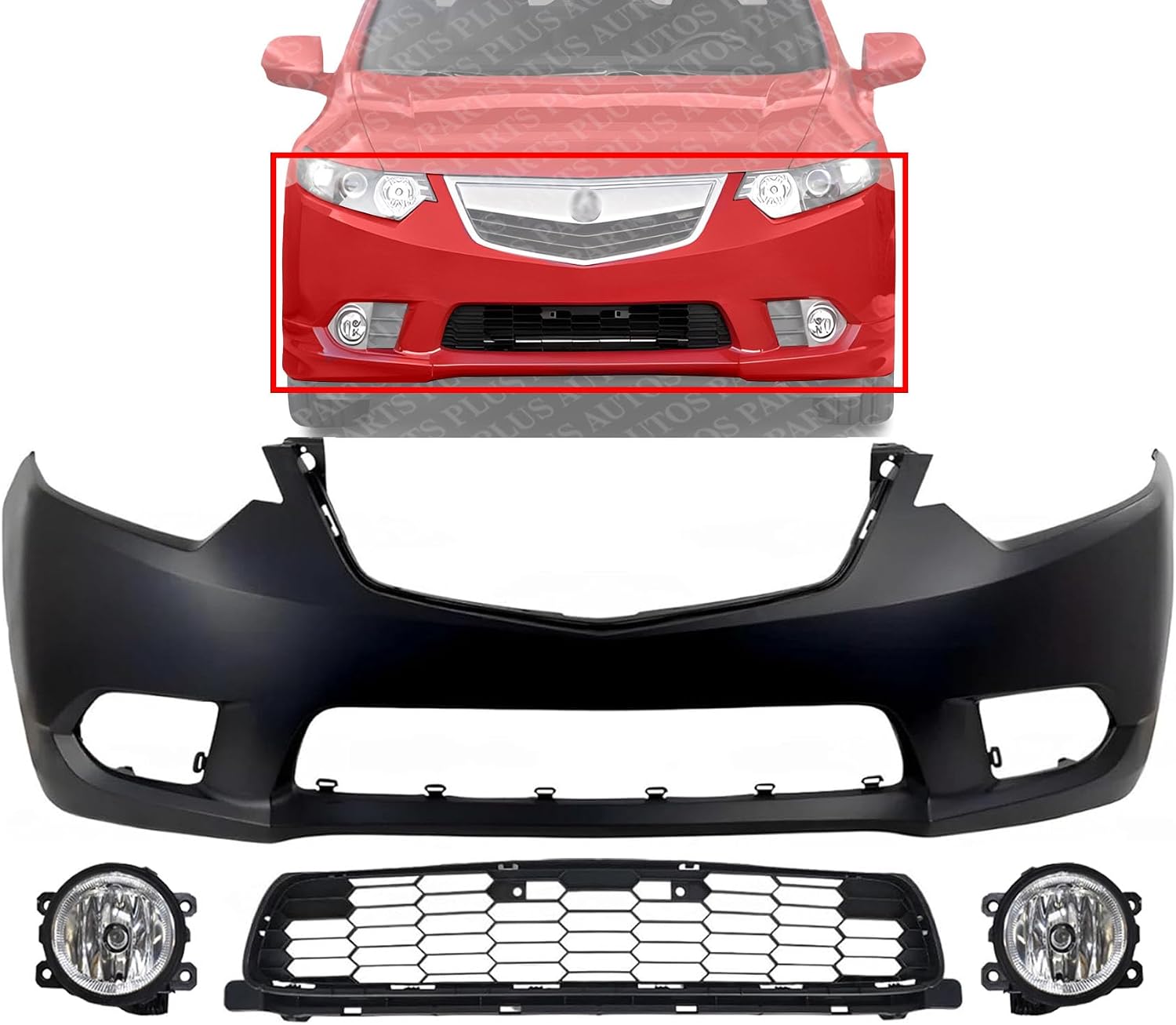 Front Bumper Cover Primed Plastic + Lower Grille + Fog Light Left Driver & Right Passenger Side Direct Replacement Compatible With 2011-2014 Acura TSX