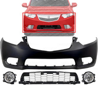 Front Bumper Cover Primed Plastic + Lower Grille + Fog Light Left Driver & Right Passenger Side Direct Replacement Compatible With 2011-2014 Acura TSX