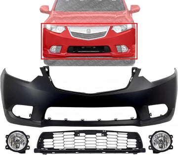 Front Bumper Cover Primed Plastic + Lower Grille + Fog Light Left Driver & Right Passenger Side Direct Replacement Compatible With 2011-2014 Acura TSX