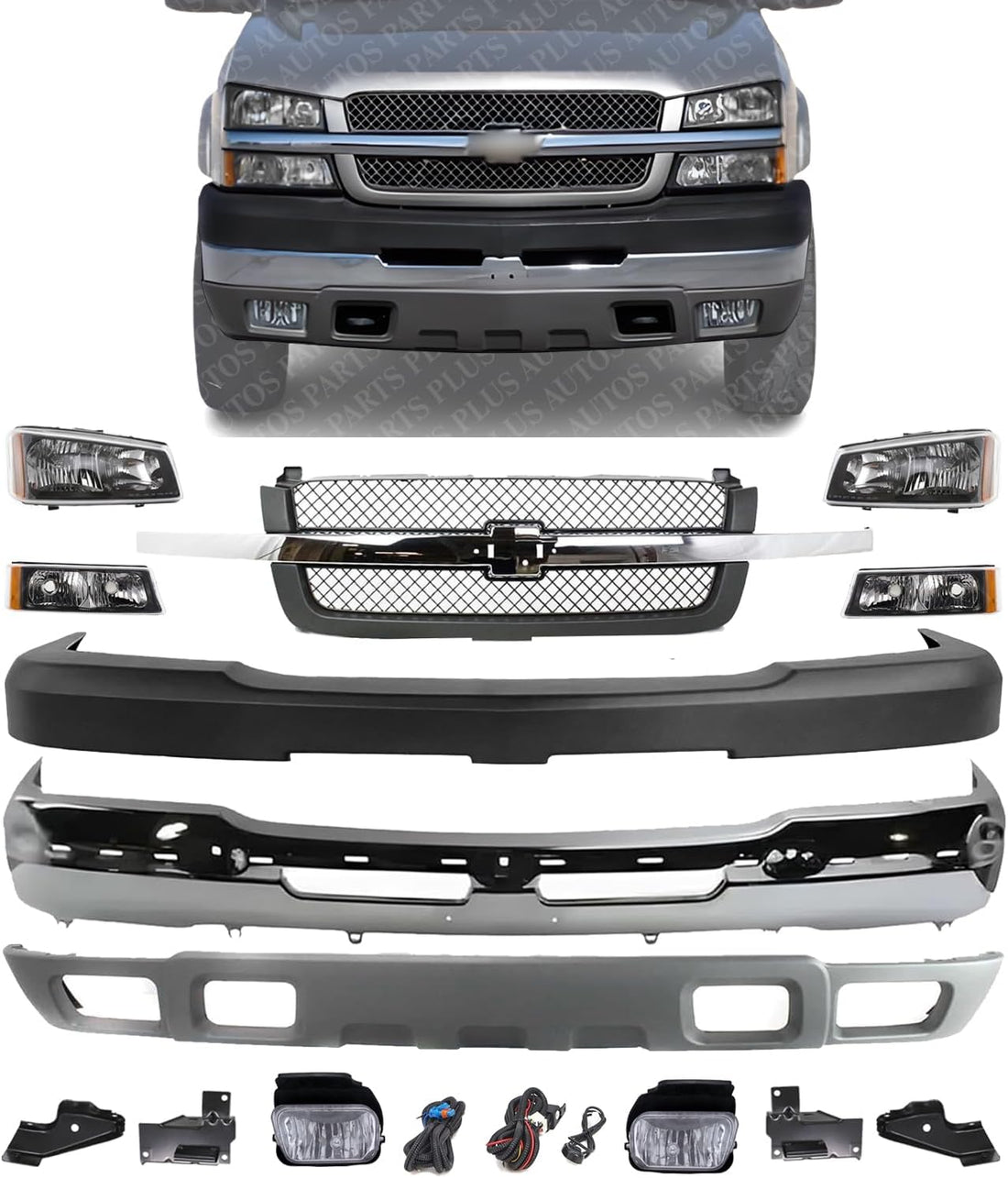Front Bumper Chrome + Grille + Upper Cover + Lower Valance Textured + Brackets + Headlights + Fog lamps LH & RH Direct Replacement For 2003-2006 Chevrolet Silverado 2500HD 3500