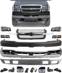 Front Bumper Chrome + Grille + Upper Cover + Lower Valance Textured + Brackets + Headlights + Fog lamps LH & RH Direct Replacement For 2003-2006 Chevrolet Silverado 2500HD 3500