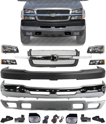 Front Bumper Chrome + Grille + Upper Cover + Lower Valance Textured + Brackets + Headlights + Fog lamps LH & RH Direct Replacement For 2003-2006 Chevrolet Silverado 2500HD 3500