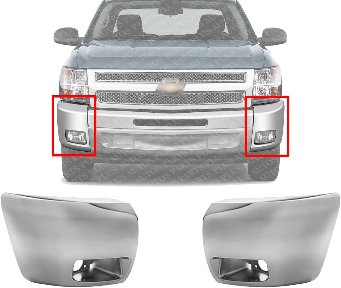 Set Of 2 Front Bumper End Cap Chrome Plastic Left Driver & Right Passenger Side Direct Replacement Compatible With 2007-2013 Chevrolet Silverado 1500 GM1004156 GM1005156