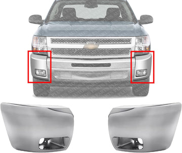 Set Of 2 Front Bumper End Cap Chrome Plastic Left Driver & Right Passenger Side Direct Replacement Compatible With 2007-2013 Chevrolet Silverado 1500 GM1004156 GM1005156