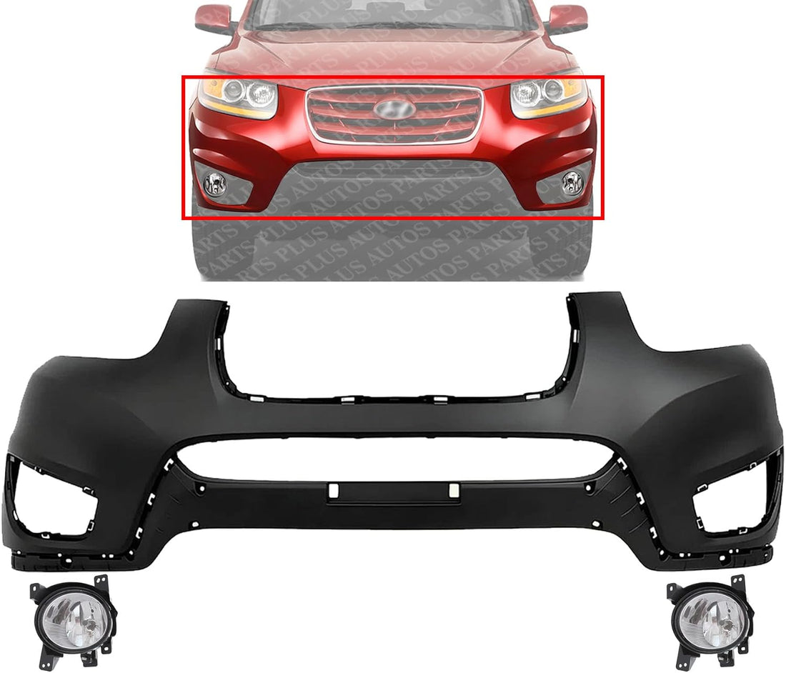 Front Bumper Cover Primed Plastic + Fog Lights Left Driver & Right Passenger Side Direct Replacement Compatible With 2010-2012 Hyundai Santa Fe