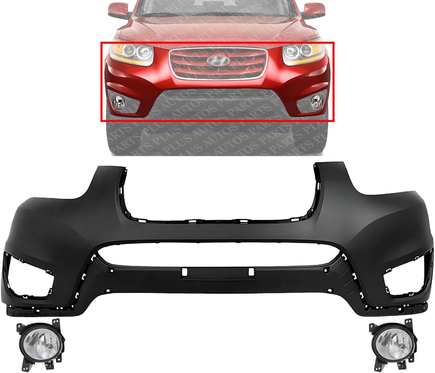 Front Bumper Cover Primed Plastic + Fog Lights Left Driver & Right Passenger Side Direct Replacement Compatible With 2010-2012 Hyundai Santa Fe