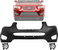 Front Bumper Cover Primed Plastic + Fog Lights Left Driver & Right Passenger Side Direct Replacement Compatible With 2010-2012 Hyundai Santa Fe