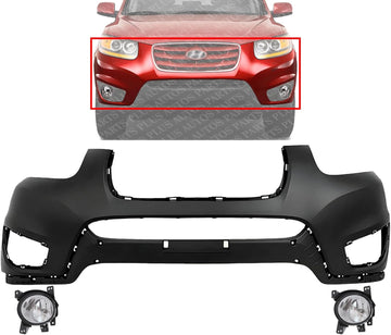 Front Bumper Cover Primed Plastic + Fog Lights Left Driver & Right Passenger Side Direct Replacement Compatible With 2010-2012 Hyundai Santa Fe