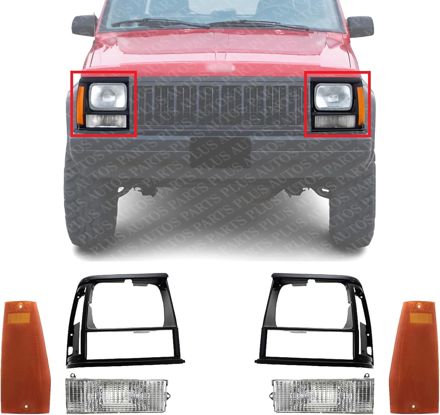Front Head Light Door Bezels + Corner Signal & Side Marker Lamps Left Driver & Right Passenger Side Direct Replacement Compatible With 1991-1996 Jeep Cherokee CH2551113 CH2550113