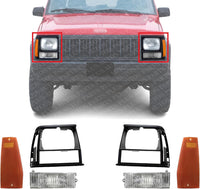Front Head Light Door Bezels + Corner Signal & Side Marker Lamps Left Driver & Right Passenger Side Direct Replacement Compatible With 1991-1996 Jeep Cherokee CH2551113 CH2550113