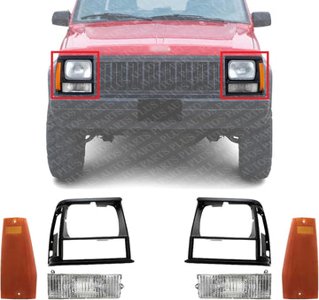 Front Head Light Door Bezels + Corner Signal & Side Marker Lamps Left Driver & Right Passenger Side Direct Replacement Compatible With 1991-1996 Jeep Cherokee CH2551113 CH2550113
