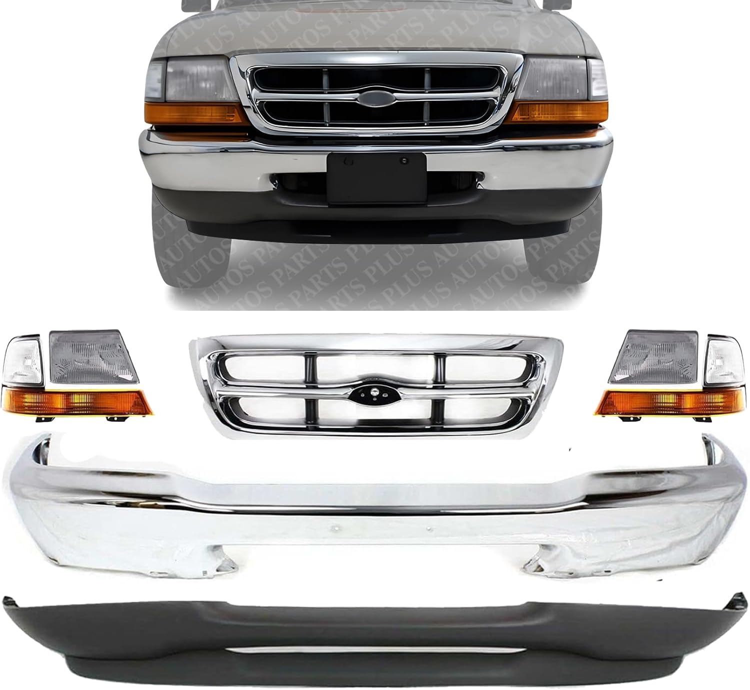 Front Bumper + Grille Chrome + Lower Valance Textured + Headlight + Corner Lamps Right Passenger & Left Driver Side Direct Replacement Compatible With 1998-2000 Ford Ranger FO1200340