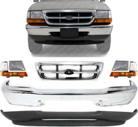 Front Bumper + Grille Chrome + Lower Valance Textured + Headlight + Corner Lamps Right Passenger & Left Driver Side Direct Replacement Compatible With 1998-2000 Ford Ranger FO1200340