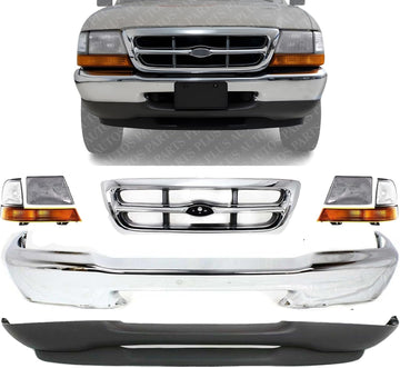 Front Bumper + Grille Chrome + Lower Valance Textured + Headlight + Corner Lamps Right Passenger & Left Driver Side Direct Replacement Compatible With 1998-2000 Ford Ranger FO1200340