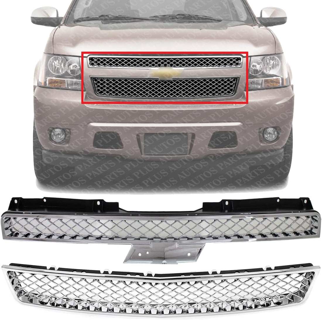 ont Upper & Lower Grilles Chrome Plastic Direct Replacement Compatible With 2007-2013 Chevrolet Avalanche / 2007-2014 Tahoe GM1200590 GM1200609 22830012 15944326