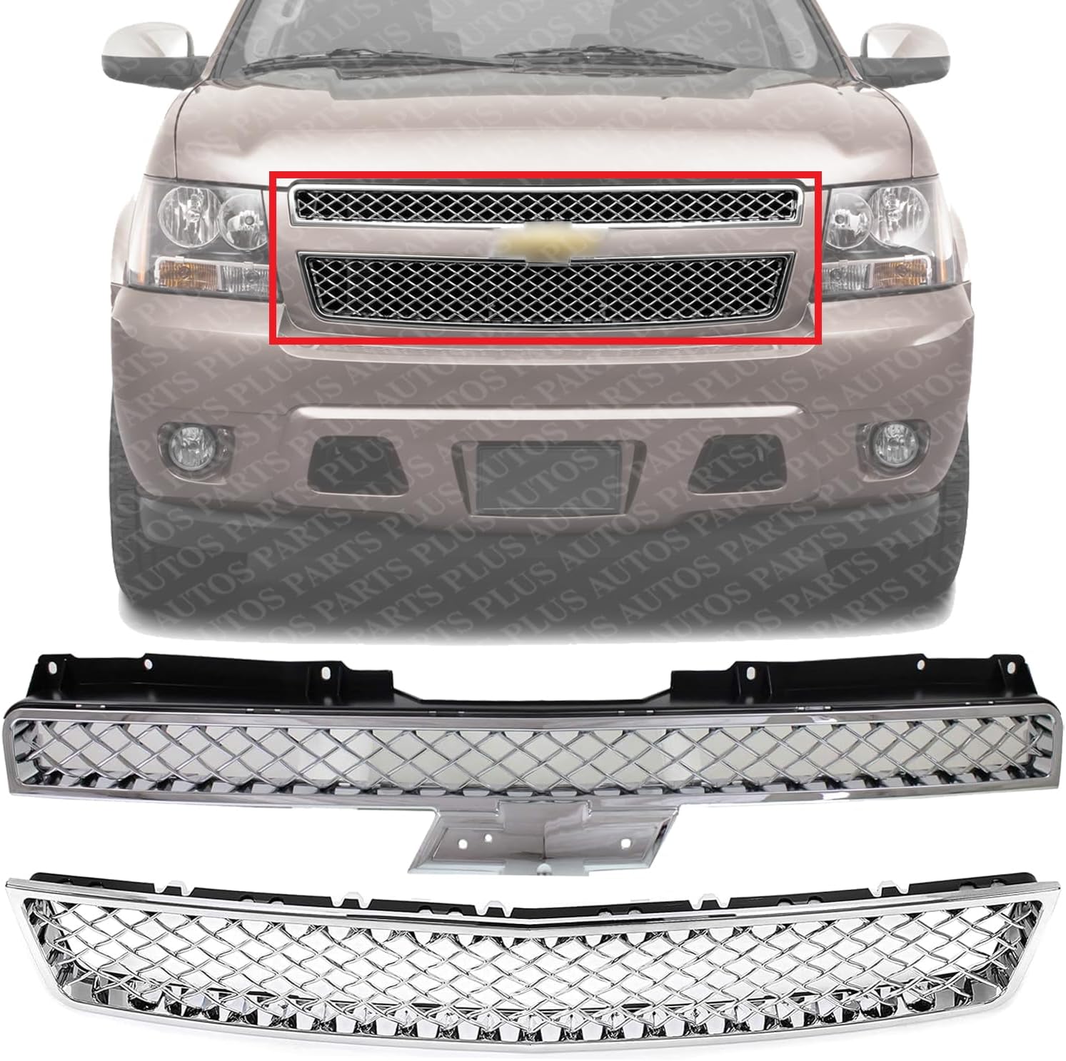 ont Upper & Lower Grilles Chrome Plastic Direct Replacement Compatible With 2007-2013 Chevrolet Avalanche / 2007-2014 Tahoe GM1200590 GM1200609 22830012 15944326