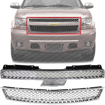ont Upper & Lower Grilles Chrome Plastic Direct Replacement Compatible With 2007-2013 Chevrolet Avalanche / 2007-2014 Tahoe GM1200590 GM1200609 22830012 15944326