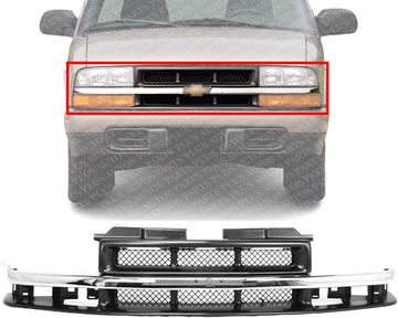 Front Grille Primed Mesh Insert With Chrome Center Bar Plastic Direct Replacement Compatible With 1998-2004 Chevrolet S10 / 1998-2005 Blazer GM1200419 15048519