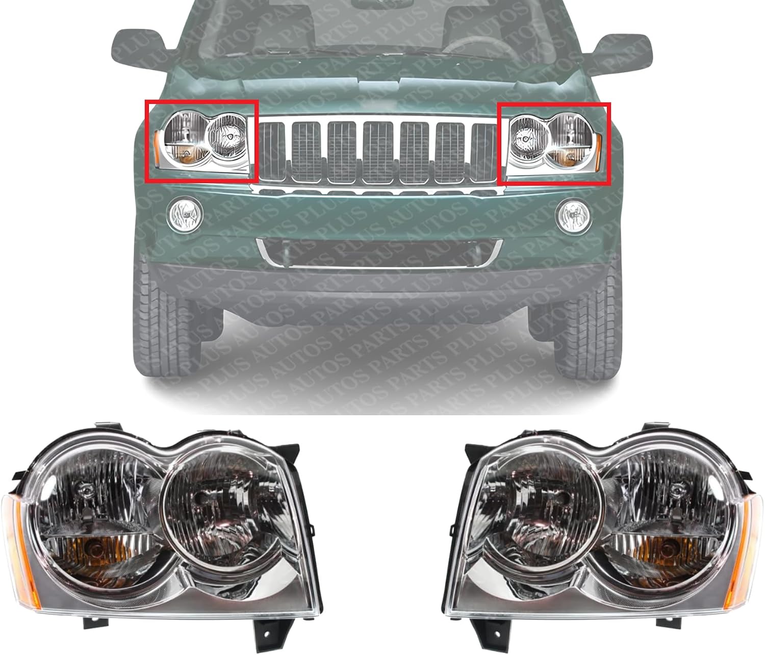 Set Of 2 Front Head Light Assembly Left Driver & Right Passenger Side Direct Replacement Compatible With 2005-2007 Jeep Grand Cherokee CH2502160 CH2503160 55156351AK 55156350AK