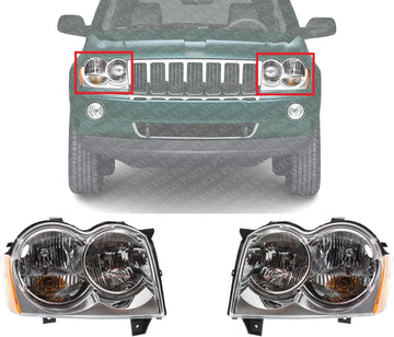 Set Of 2 Front Head Light Assembly Left Driver & Right Passenger Side Direct Replacement Compatible With 2005-2007 Jeep Grand Cherokee CH2502160 CH2503160 55156351AK 55156350AK