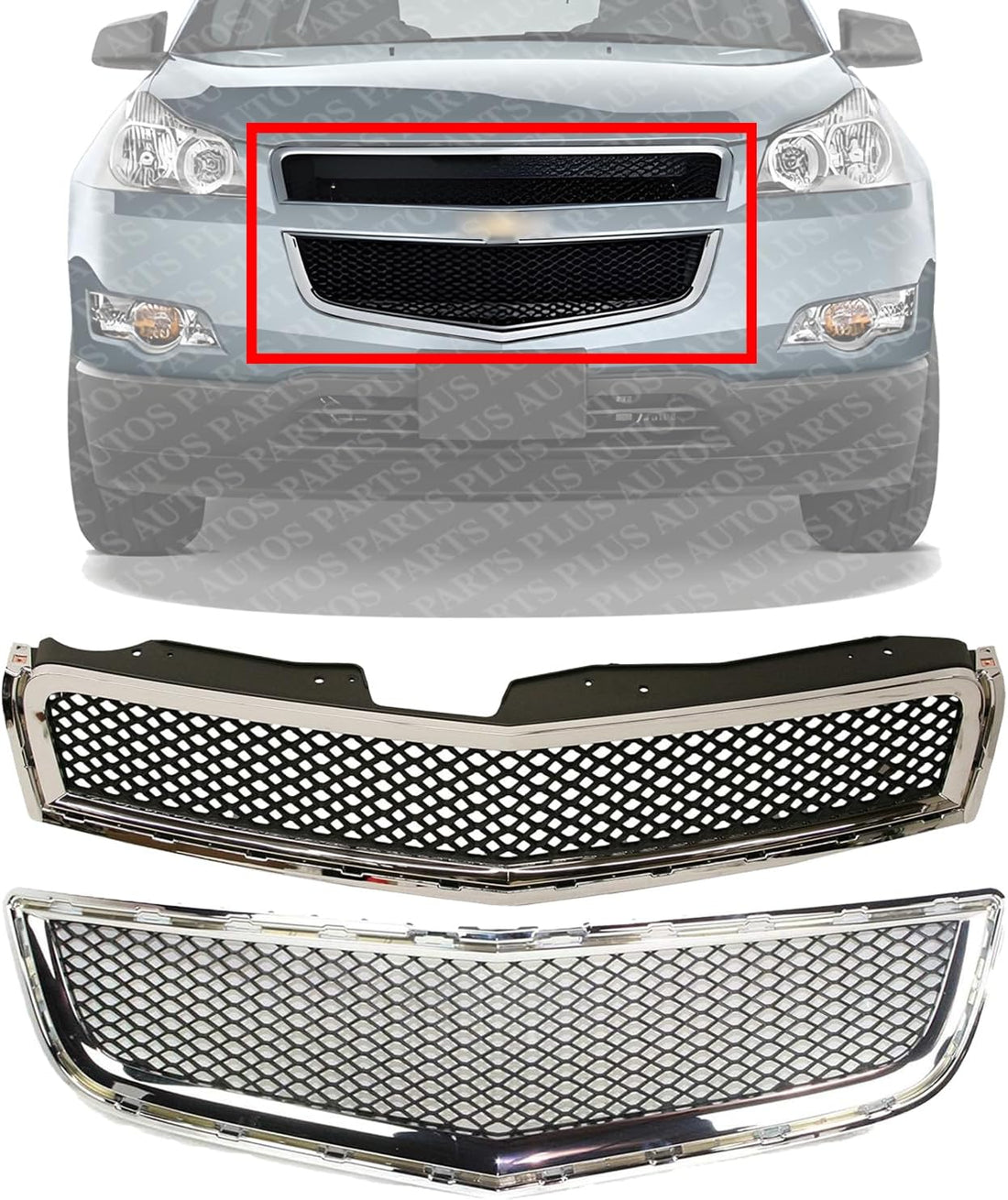 Front Bumper Upper & Lower Grille Chrome Shell And Primed Insert Direct Replacement Compatible With 2009-2012 Chevrolet Traverse GM1200615 GM1036120 15943196 20756061