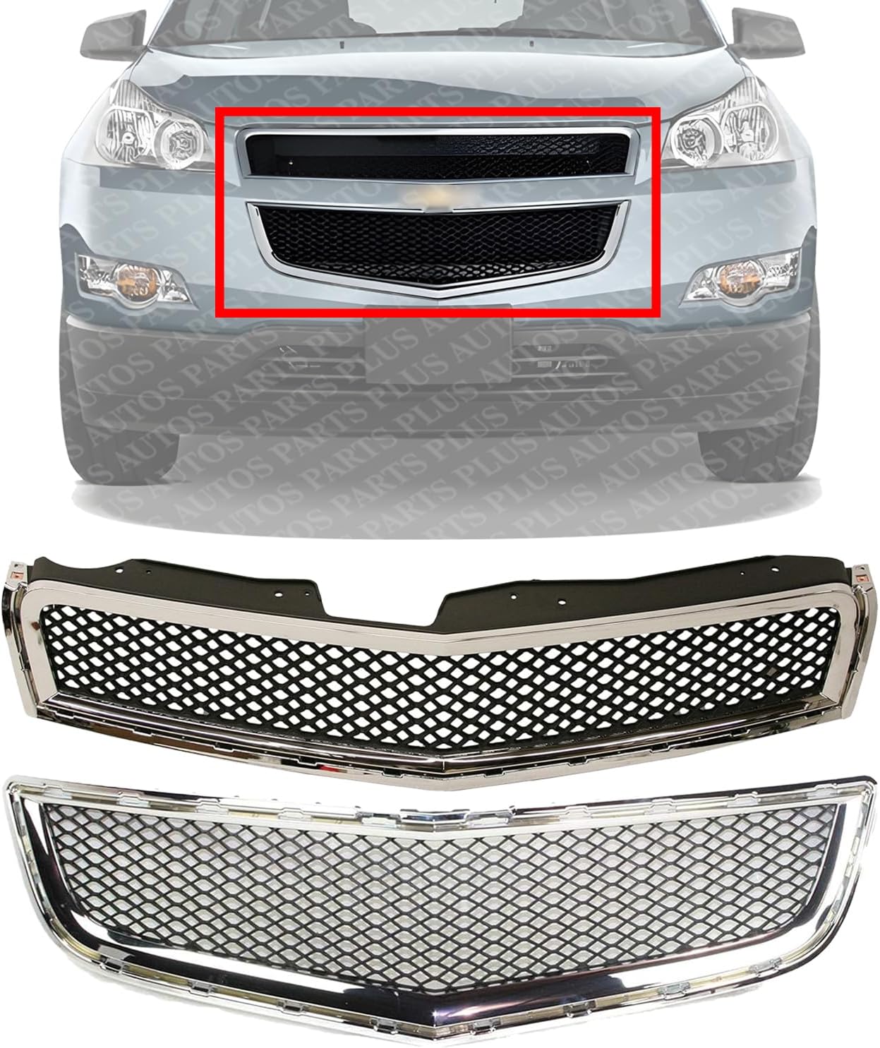 Front Bumper Upper & Lower Grille Chrome Shell And Primed Insert Direct Replacement Compatible With 2009-2012 Chevrolet Traverse GM1200615 GM1036120 15943196 20756061