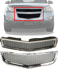 Front Bumper Upper & Lower Grille Chrome Shell And Primed Insert Direct Replacement Compatible With 2009-2012 Chevrolet Traverse GM1200615 GM1036120 15943196 20756061