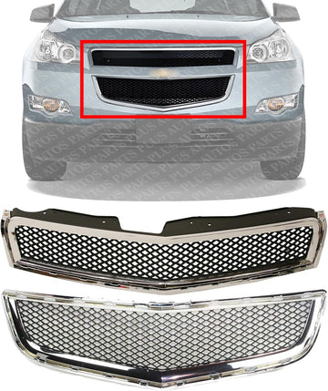 Front Bumper Upper & Lower Grille Chrome Shell And Primed Insert Direct Replacement Compatible With 2009-2012 Chevrolet Traverse GM1200615 GM1036120 15943196 20756061