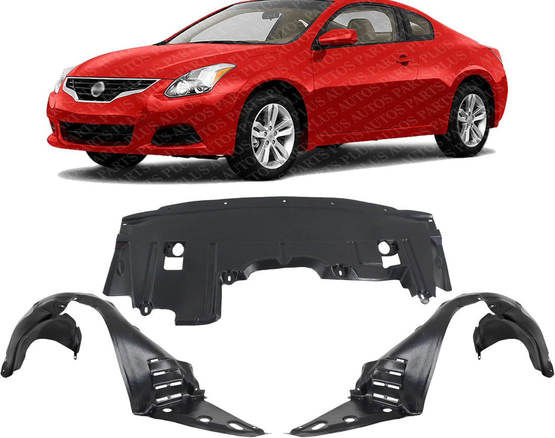 Front Engine Splash Shield Under Cover Plastic + Fender Liners Left Driver & Right Passenger Side Direct Replacement Compatible with 2009-2013 Nissan Altima