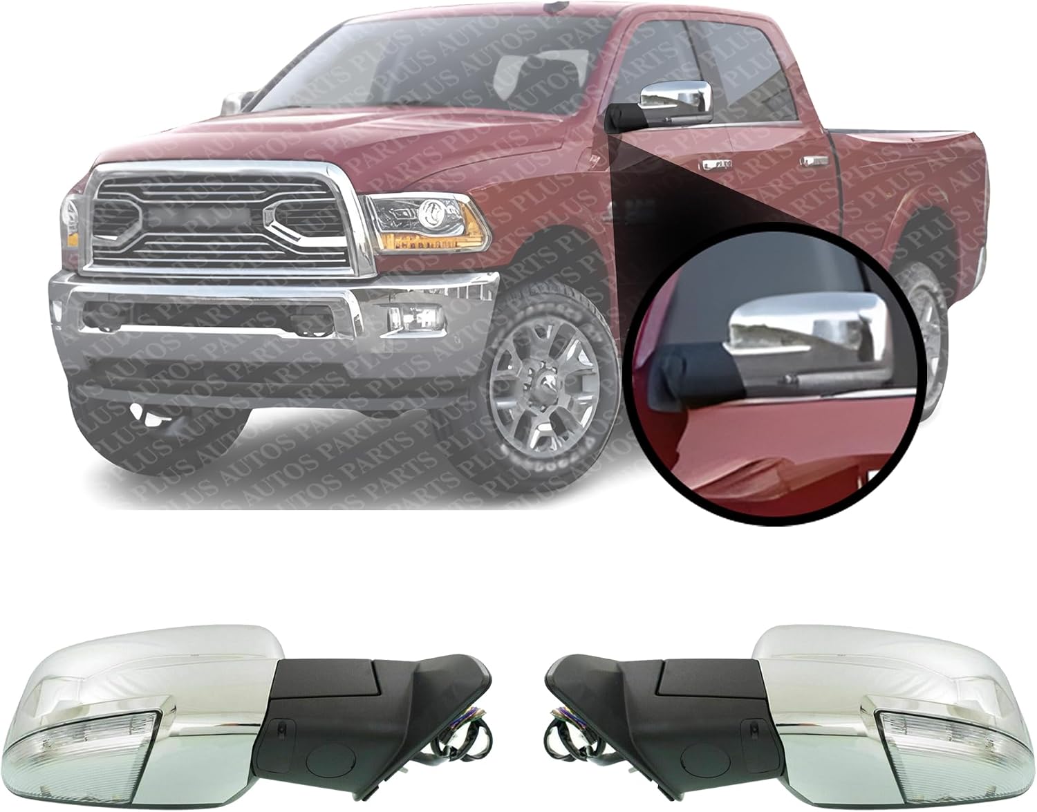 Front Power Mirror Non-Towing Power Folding Heated Chrome Plastic Left Driver & Right Passenger Side Direct Replacement Compatible With 2013-2018 Ram 1500/2500 Pickup 68096198AF-PFM