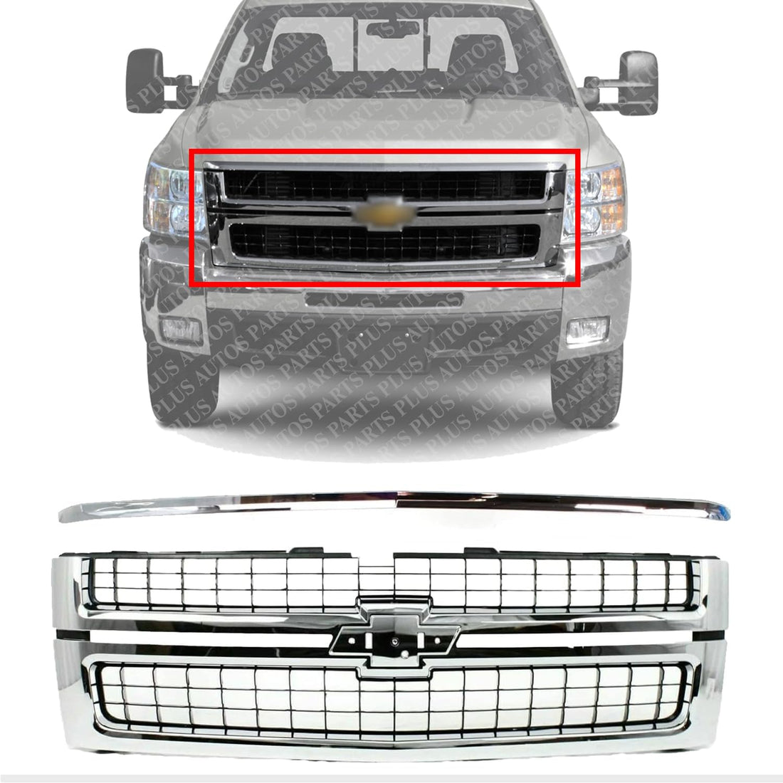 Front Grille Chrome Shell & Insert + Hood Molding Direct Replacement Compatible With 2007-2010 Chevrolet Silverado 2500/3500 HD GM1200608 GM1235112 25825521 15911579