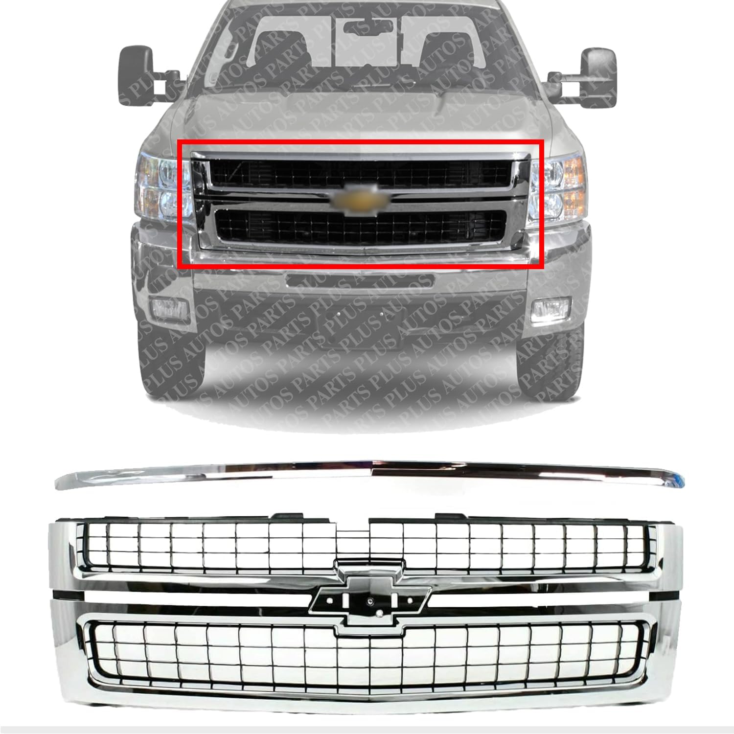Front Grille Chrome Shell & Insert + Hood Molding Direct Replacement Compatible With 2007-2010 Chevrolet Silverado 2500/3500 HD GM1200608 GM1235112 25825521 15911579