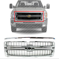 Front Grille Chrome Shell & Insert + Hood Molding Direct Replacement Compatible With 2007-2010 Chevrolet Silverado 2500/3500 HD GM1200608 GM1235112 25825521 15911579