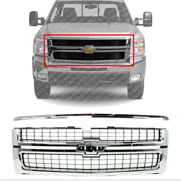 Front Grille Chrome Shell & Insert + Hood Molding Direct Replacement Compatible With 2007-2010 Chevrolet Silverado 2500/3500 HD GM1200608 GM1235112 25825521 15911579