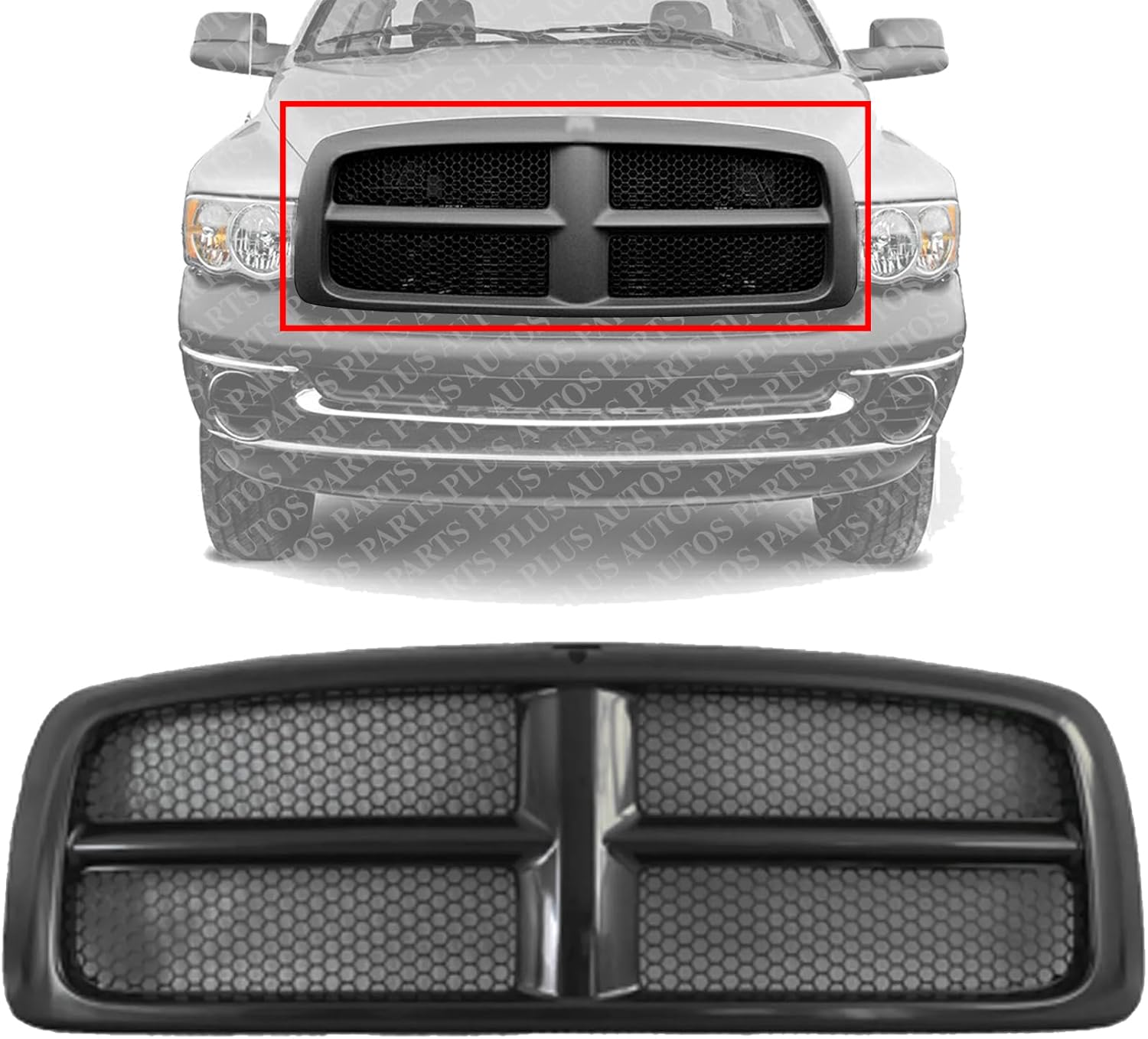 Front Honeycomb Grille Black Paint To Match Direct Replacement Compatible With 2002-2005 Dodge RAM 1500 2500 3500 CH1200331 5GR97DX8AE-PFM