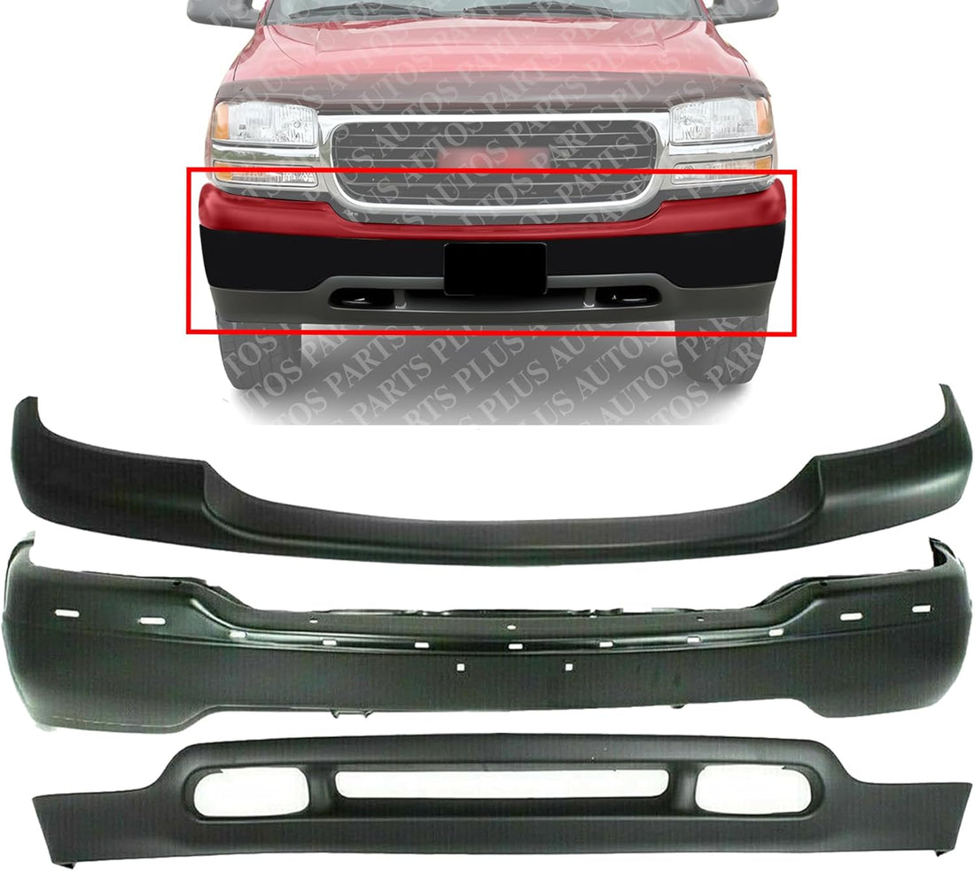 AUTOS PARTS PLUS Front Bumper Steel + Upper Cover + Lower Valance Panel Primed Direct Replacement Compatible With 1999-2002 GMC Sierra / 2001-2006 Yukon 1500 2500 GM1051105 GM1002374 GM1092171