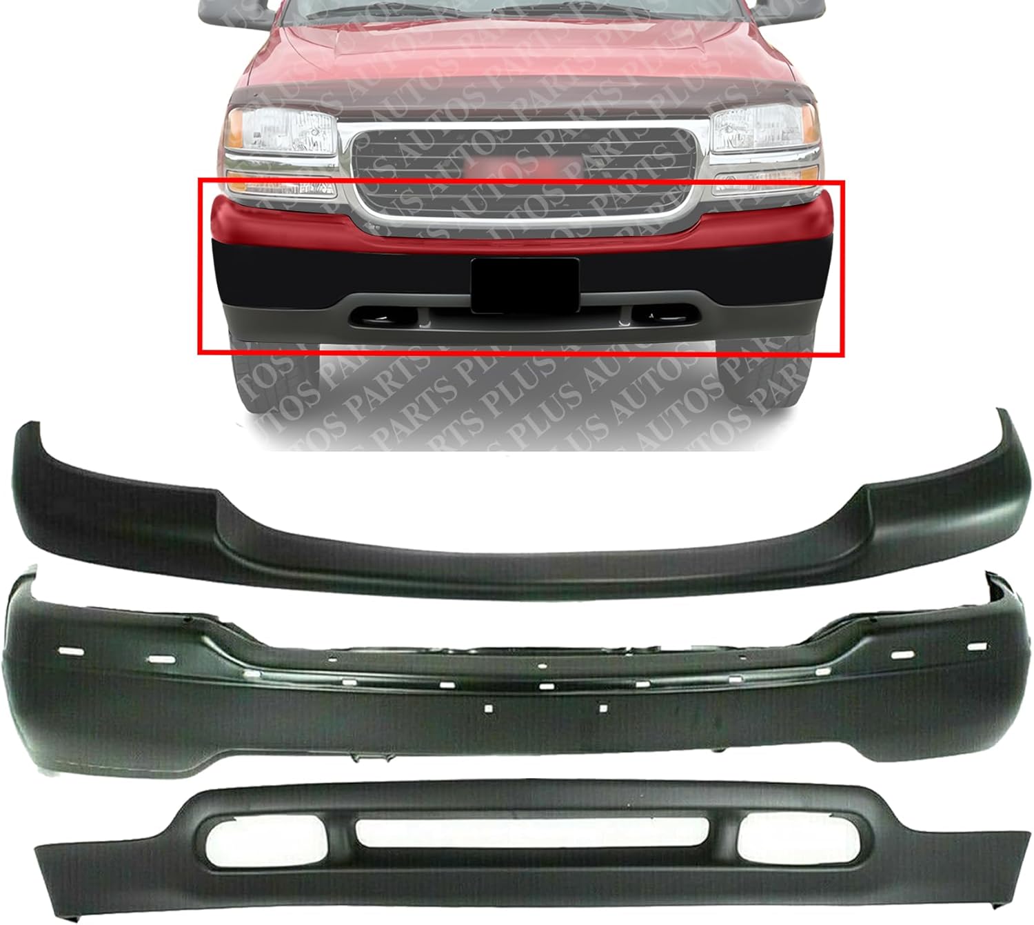 AUTOS PARTS PLUS Front Bumper Steel + Upper Cover + Lower Valance Panel Primed Direct Replacement Compatible With 1999-2002 GMC Sierra / 2001-2006 Yukon 1500 2500 GM1051105 GM1002374 GM1092171