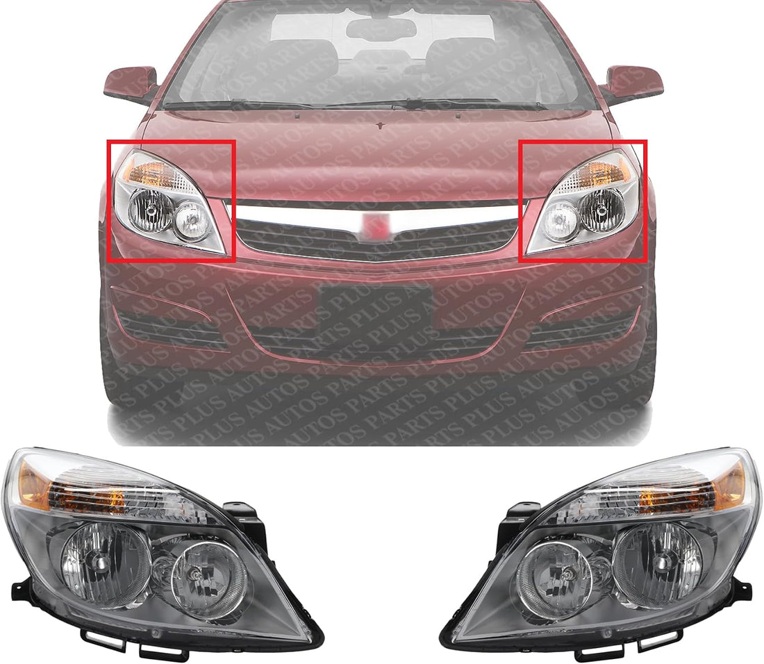 Set Of 2 Front Head Light Assembly Plastic Left Driver & Right Passenger Side Direct Replacement Compatible With 2007-2009 Saturn Aura GM2502292 GM2503292 25854634 25854633