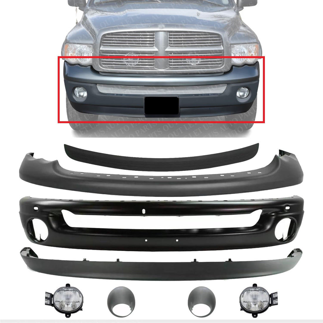 Front Bumper + Upper Cover + Molding Step Pad + Lower Valance + Fog Lights Assembly & Moldings Right & Left Side Direct Replacement Compatible With 2002-2005 Dodge Ram 1500 2500 3500