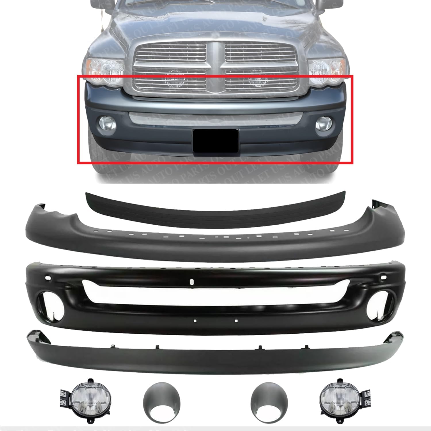 Front Bumper + Upper Cover + Molding Step Pad + Lower Valance + Fog Lights Assembly & Moldings Right & Left Side Direct Replacement Compatible With 2002-2005 Dodge Ram 1500 2500 3500