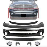Front Bumper + Upper Cover + Molding Step Pad + Lower Valance + Fog Lights Assembly & Moldings Right & Left Side Direct Replacement Compatible With 2002-2005 Dodge Ram 1500 2500 3500